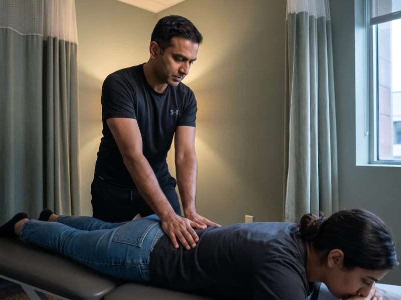 Physical therapist assessing a patient's low back movement and mobility