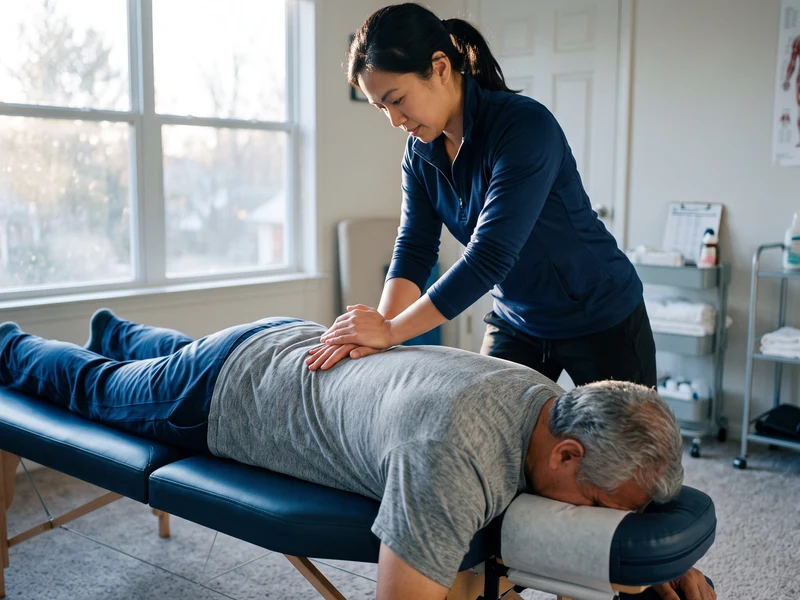 Physical therapist providing hands-on soft-tissue treatment to a patient's back