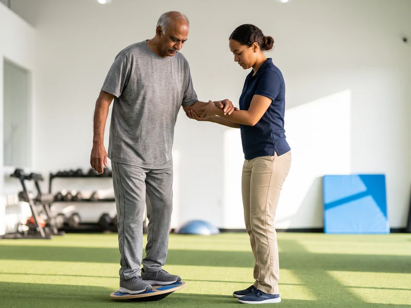 Doctor of Physical Therapy providing fall prevention & balance training to a patient
