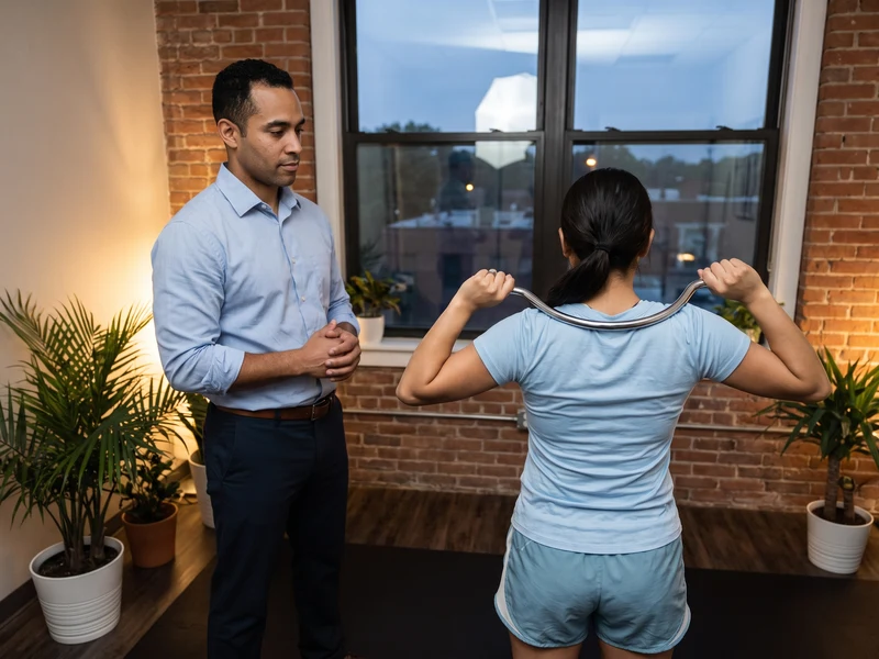 Physical therapist assessing a patient’s shoulder movement