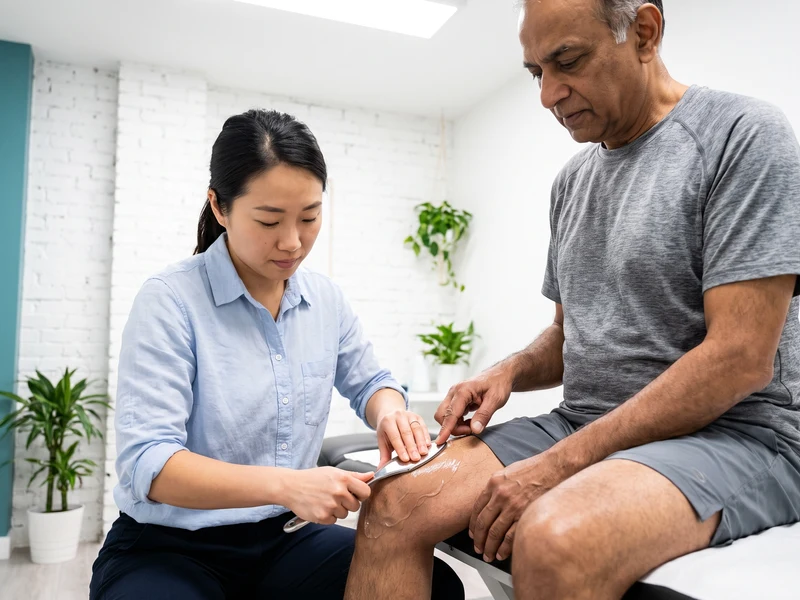 Doctor of Physical Therapy providing iastm (instrument-assisted soft tissue mobilization) to a patient