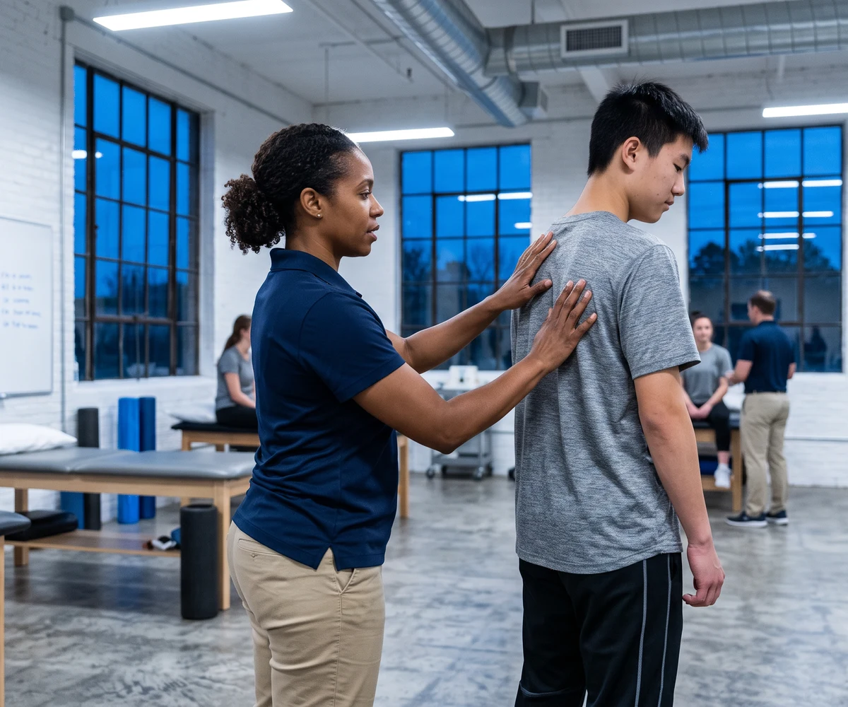 Physical therapist guiding a patient through a hands-on treatment session