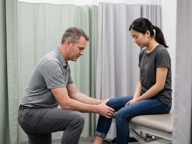Physical therapist evaluating a young patient's knee