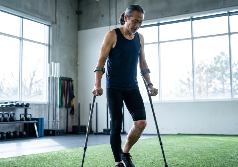 Patient walking with crutches during post-surgical rehab