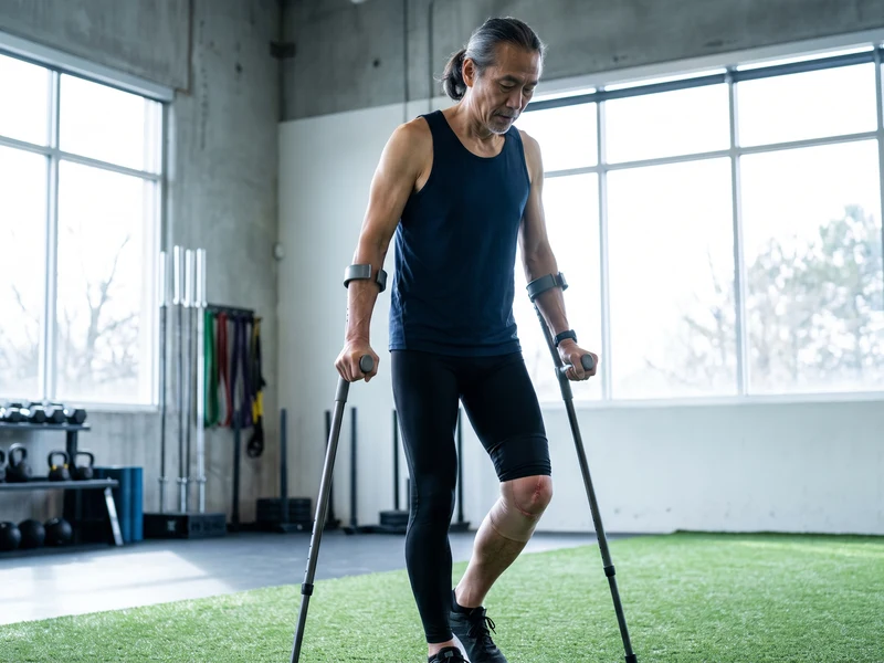Patient walking with crutches during post-surgical rehab