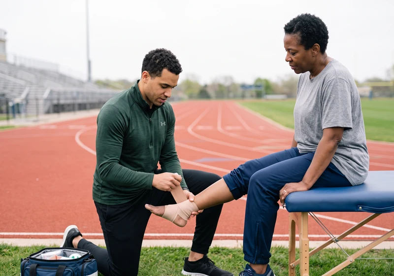 Athletic trainer taping an athlete's ankle at a track