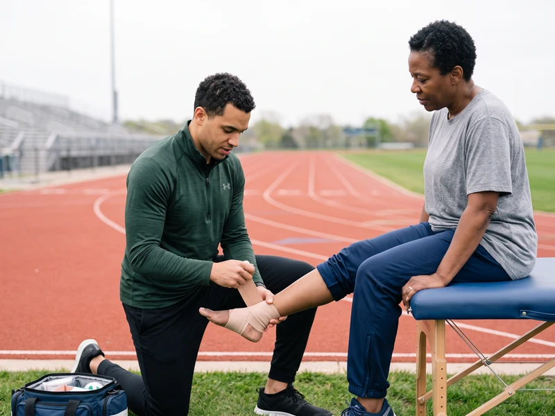 Athletic trainer taping an athlete's ankle at a track
